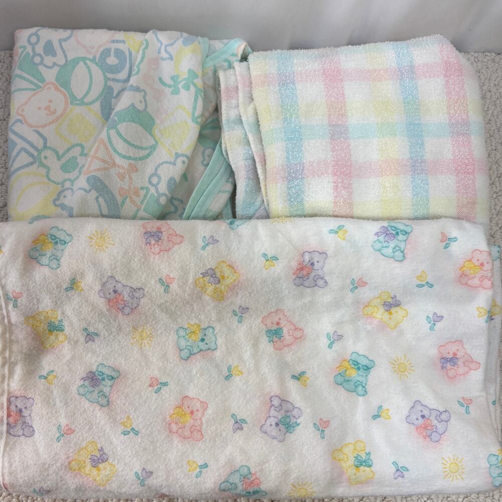Vintage Pastel Flannel Baby Blankets Lots of 3 USA Made Fuzzy Bears Plaid Blocks
